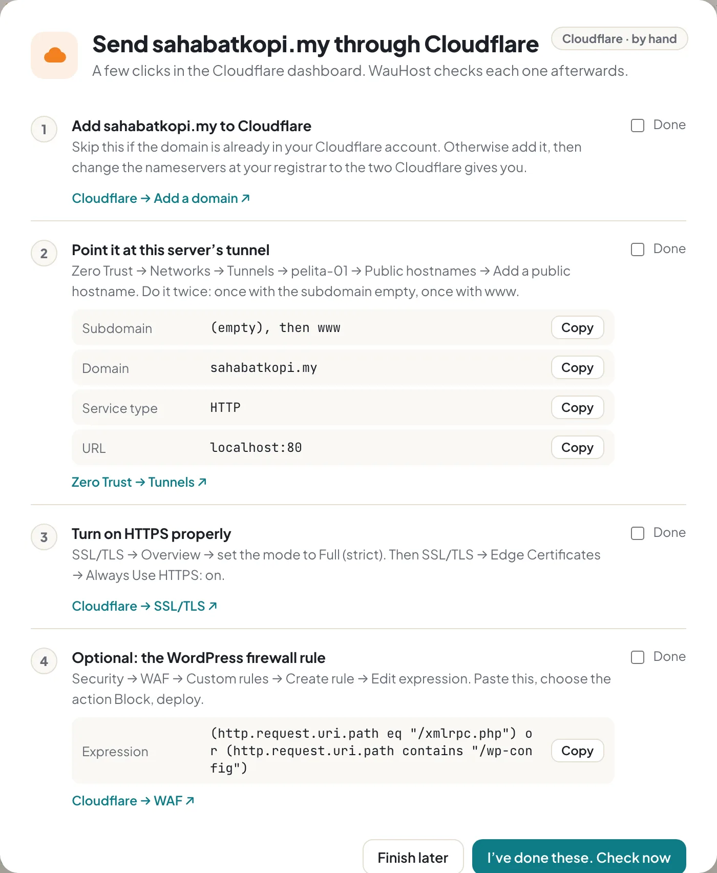 A step-by-step guide with Copy buttons